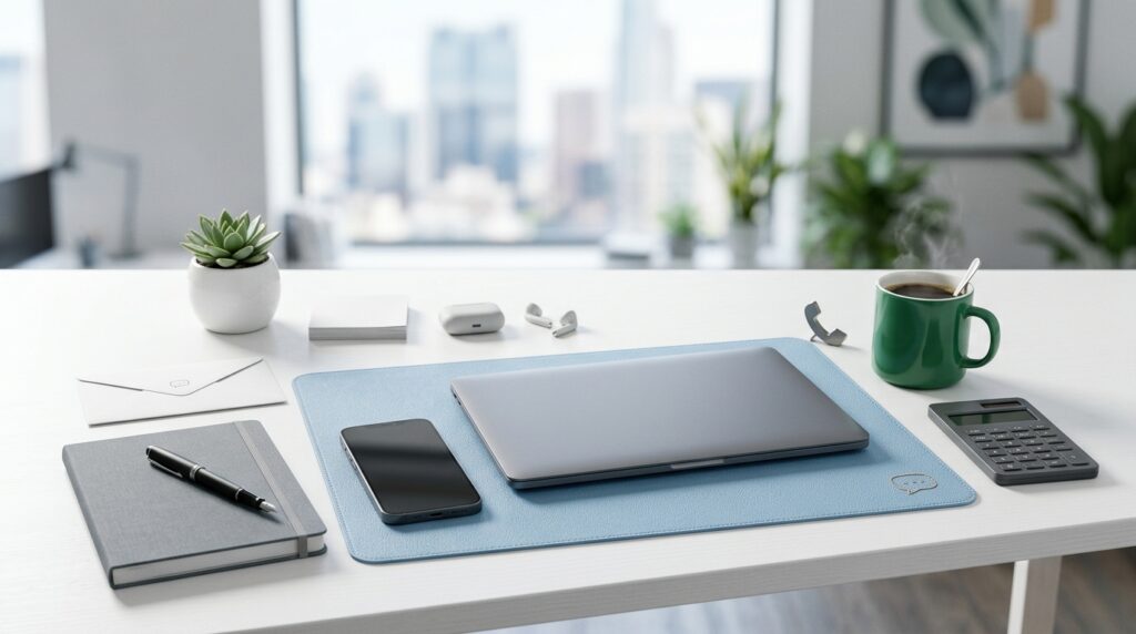 Modern finance workspace with laptop, smartphone, calculator, and communication tools representing Cashive's contact page.